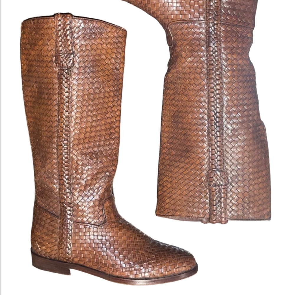 Cole Haan Brown Woven Leather Knee-High Heeled Boots - GORGEOUS & Vintage